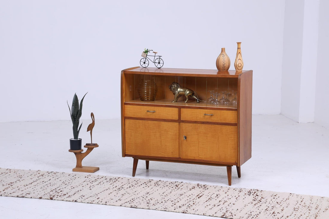 Vintage Glas Kommode | Mid Century Vitrine 60er  |  Retro Schrank mit Glas Schiebetüren Holz Aufbewahrung