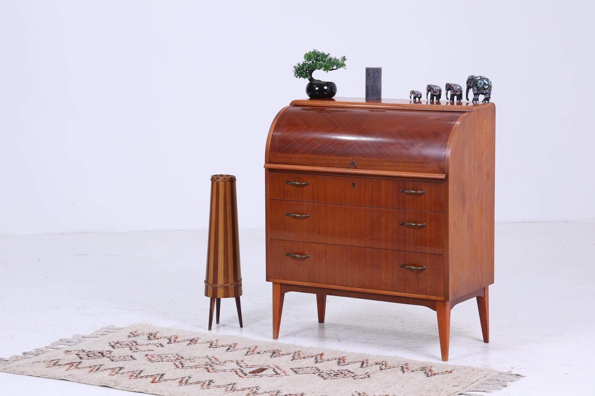 Dunkler Vintage Rollladen Sekretär 60er Jahre | Mid Century Schreibtisch Schrank Arbeitstisch Retro Holz Aufbewahrung