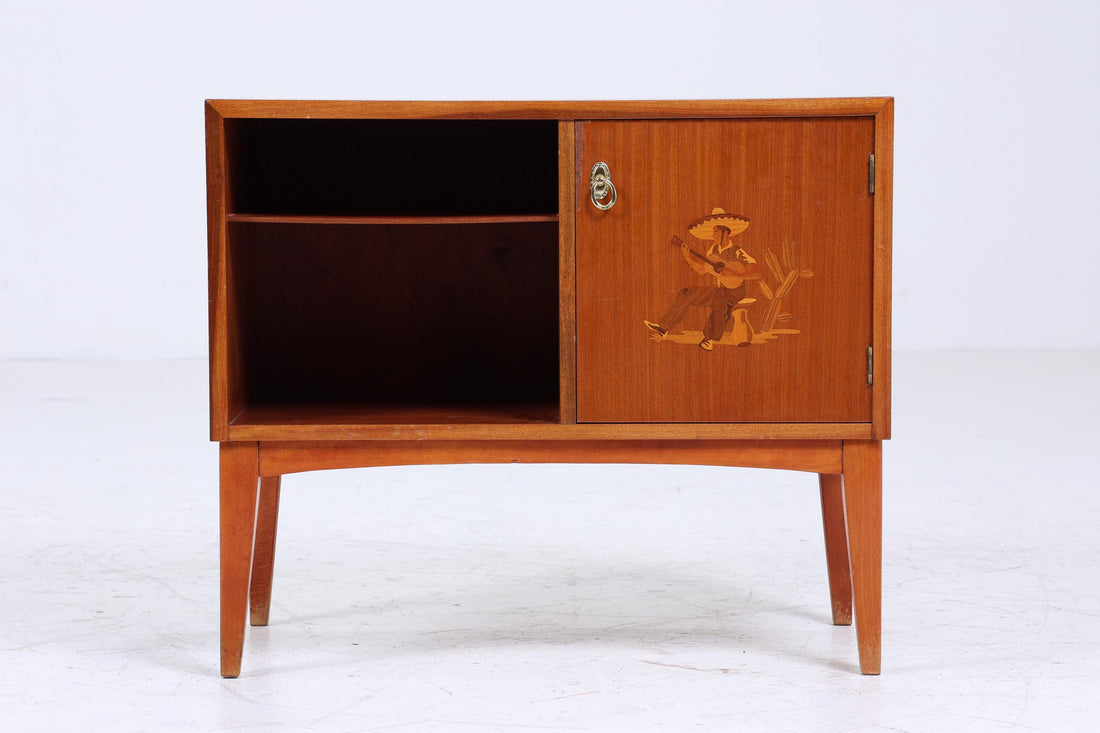 Kleine Vintage Kommode 60er Jahre | Mid Century Schiebetüren Schrank | Holz Aufbewahrung mit Intarsien