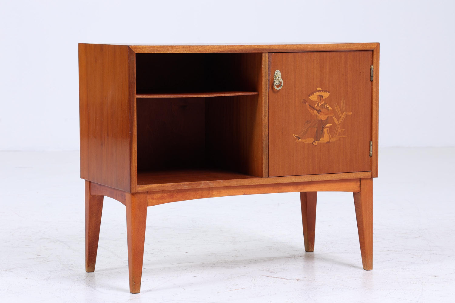 Kleine Vintage Kommode 60er Jahre | Mid Century Schiebetüren Schrank | Holz Aufbewahrung mit Intarsien