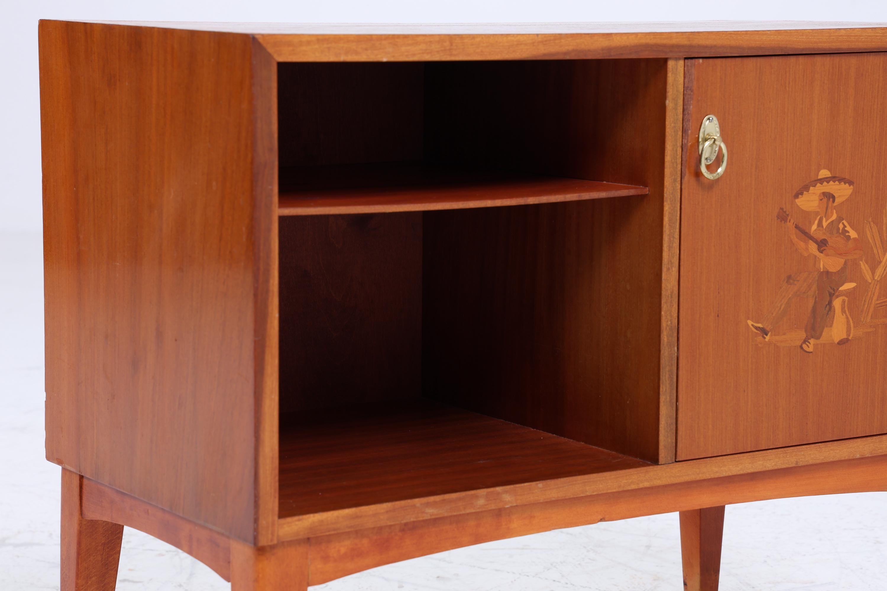 Kleine Vintage Kommode 60er Jahre | Mid Century Schiebetüren Schrank | Holz Aufbewahrung mit Intarsien