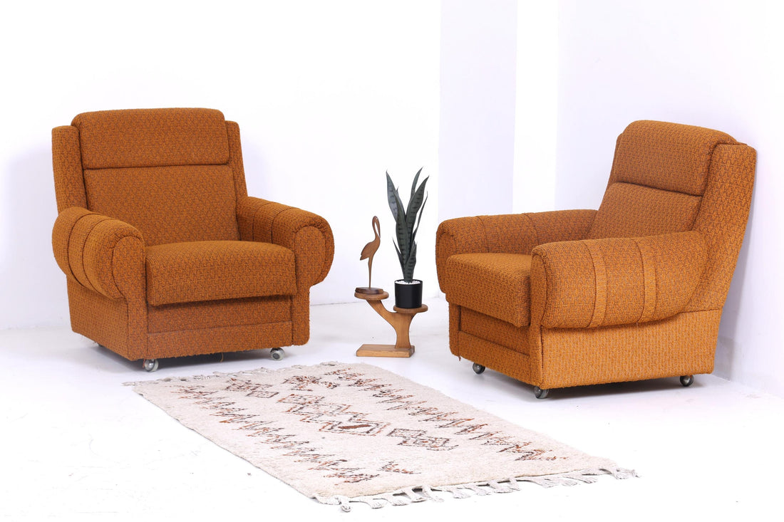 1 of 2 Beautiful vintage armchairs | Designer armchair fabric cover orange Eastern bloc armchair