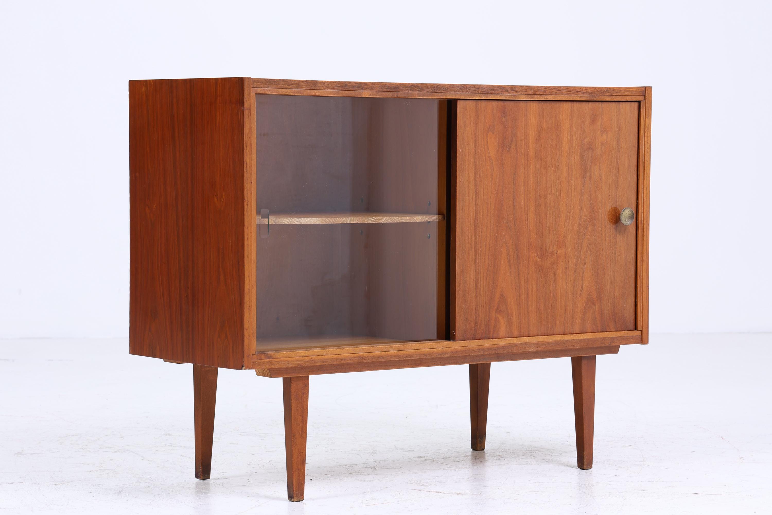 Vintage Kommode 60er Jahre | Mid Century Glas Schiebetüren Schrank | Holz Aufbewahrung