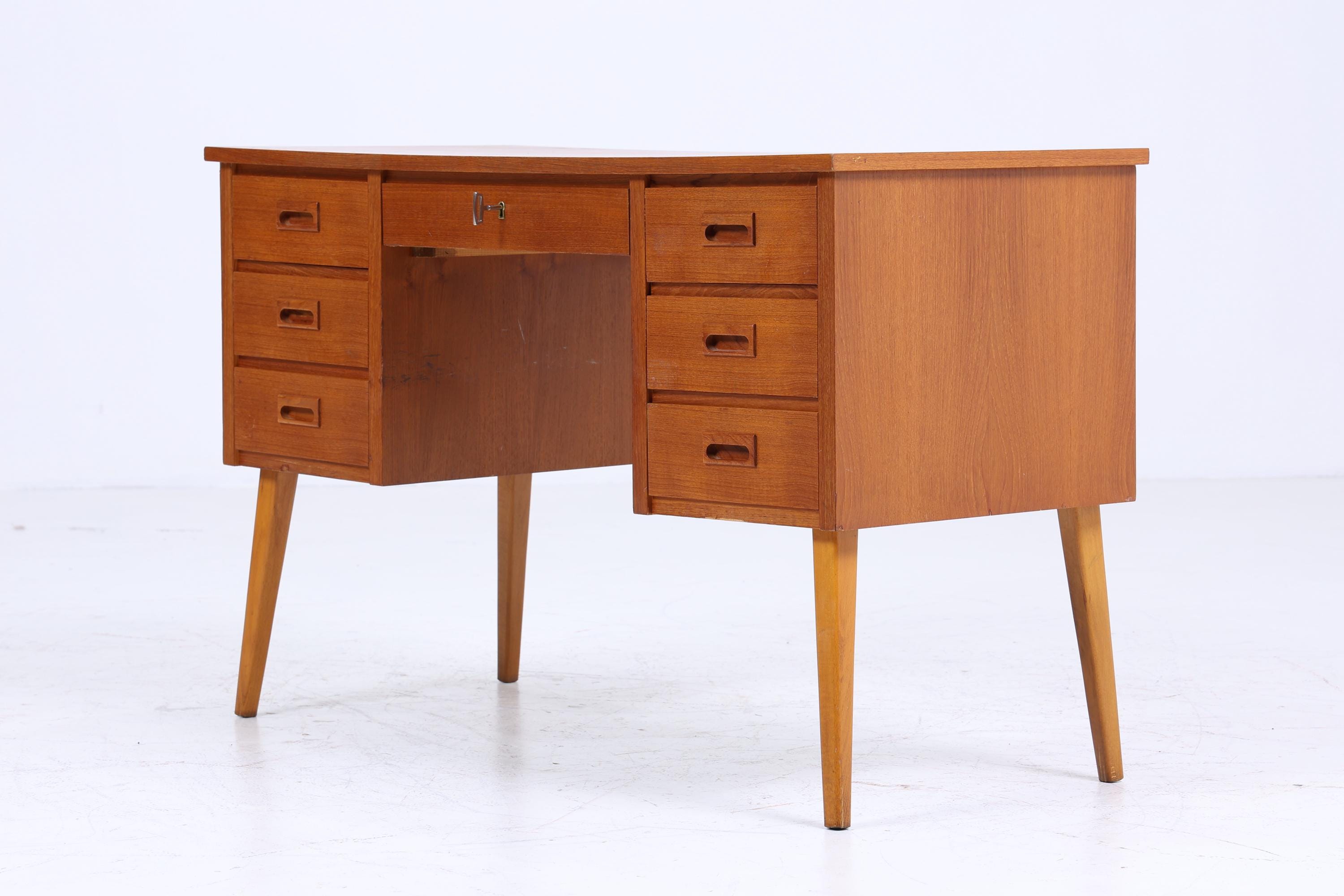 Vintage Teak Schreibtisch 60er Jahre | Mid Century Schubladen Arbeitstisch Bürotisch Tisch Retro Holz