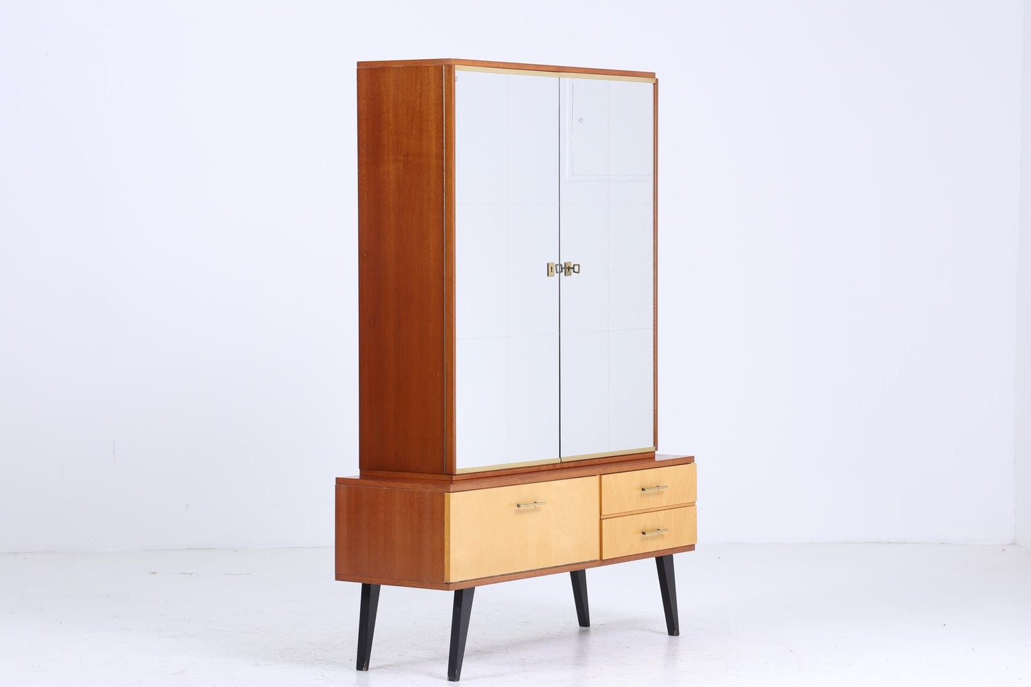 Kleiner Vintage Wäscheschrank mit Spiegel | Mid Century Kleiderschrank | 60er Jahre Fächerschrank Spiegelschrank