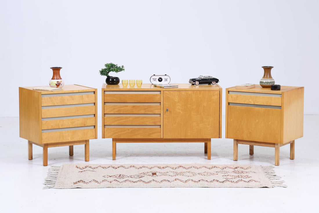 Vintage Hellerau Schlafzimmer Möbel Set | Mid Century Nachttische &amp; Kommode 60er Jahre | Retro Holz Aufbewahrung