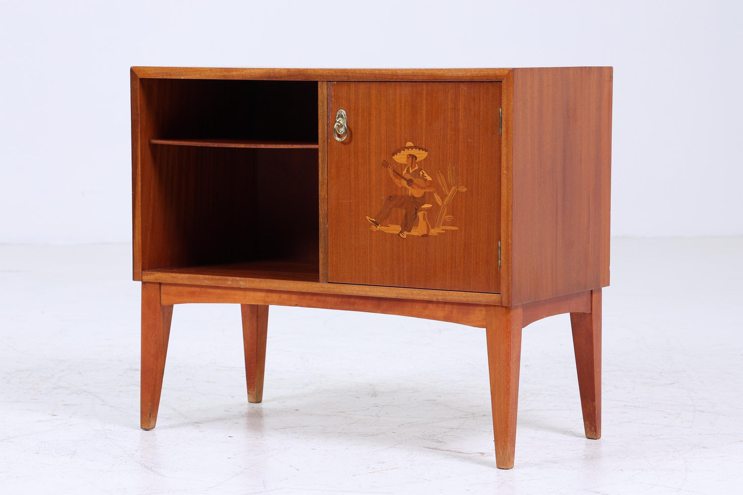 Kleine Vintage Kommode 60er Jahre | Mid Century Schiebetüren Schrank | Holz Aufbewahrung mit Intarsien