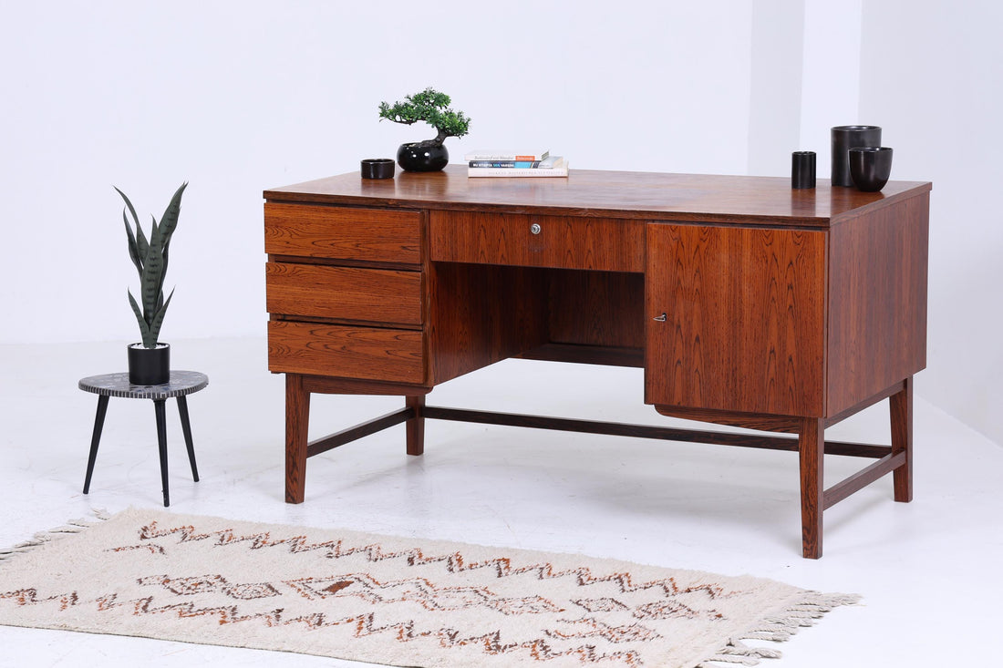 Vintage Schreibtisch 60er Jahre | Mid Century Palisander Arbeitstisch Bürotisch Schwebetisch Frei Tisch Retro Holz Design