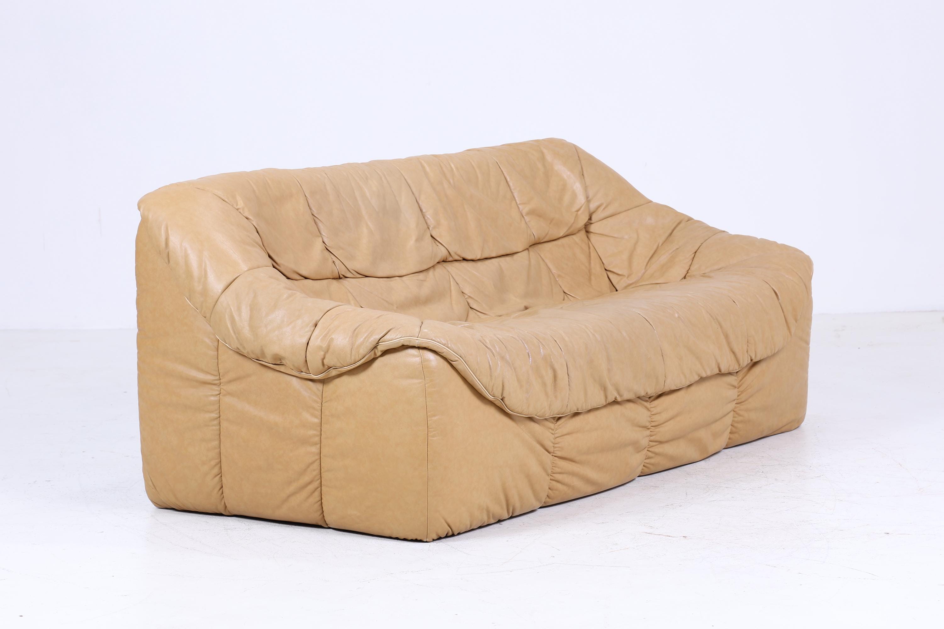 Vintage Leder Sofa 70er Jahre | Couch Beige Retro 70er