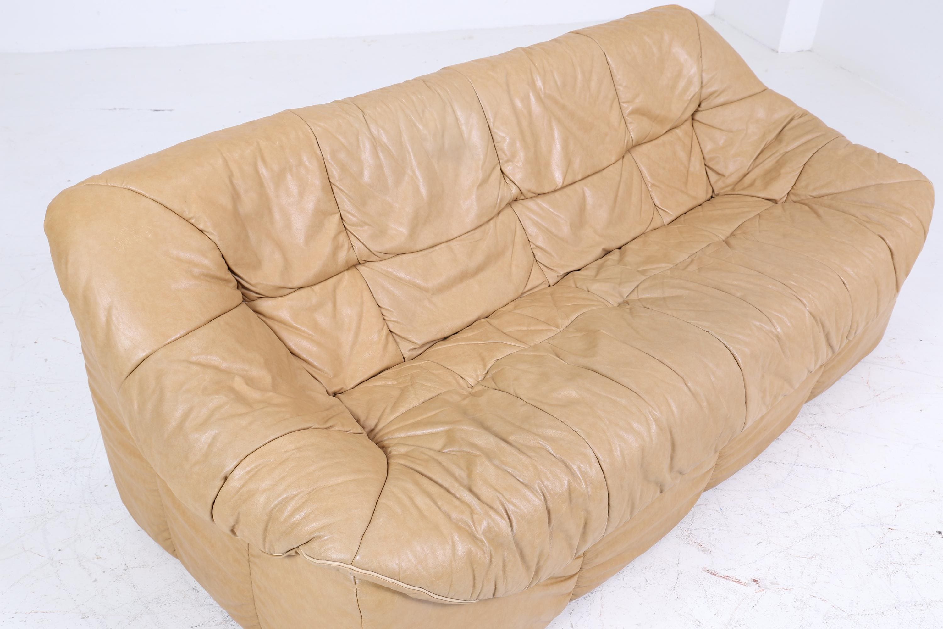 Vintage Leder Sofa 70er Jahre | Couch Beige Retro 70er