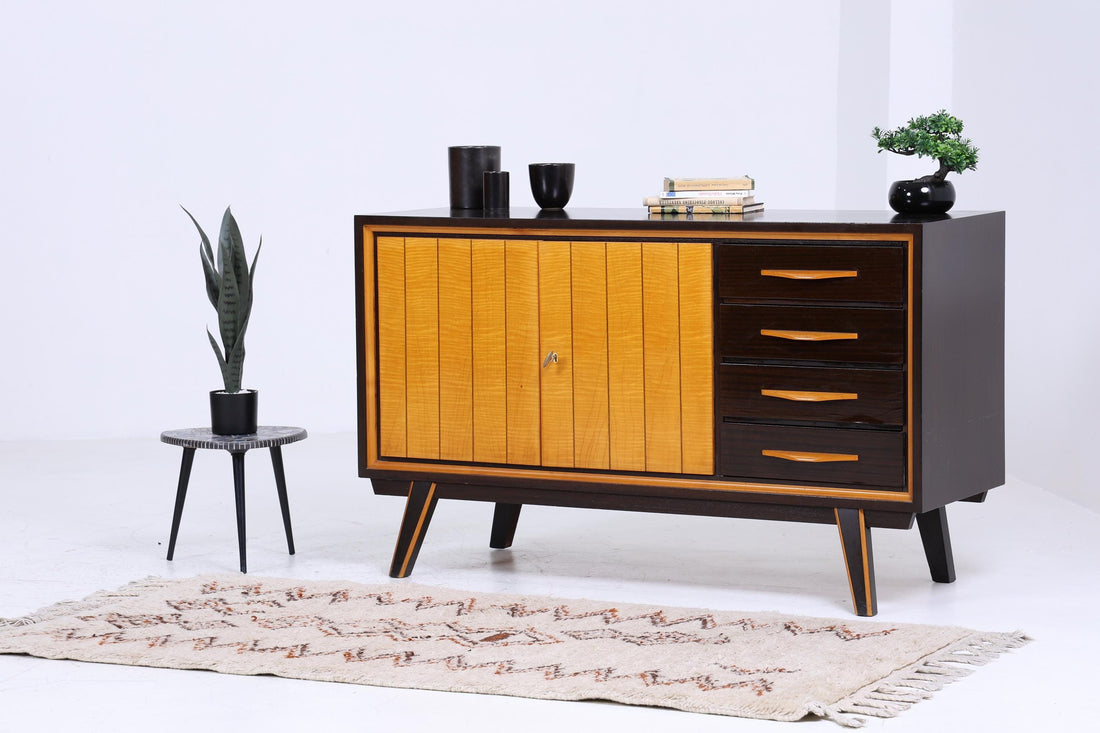 Zeitlose Vintage Kommode 60er | Mid Century Hochglanz Schrank Vintage Flur Holz Aufbewahrung