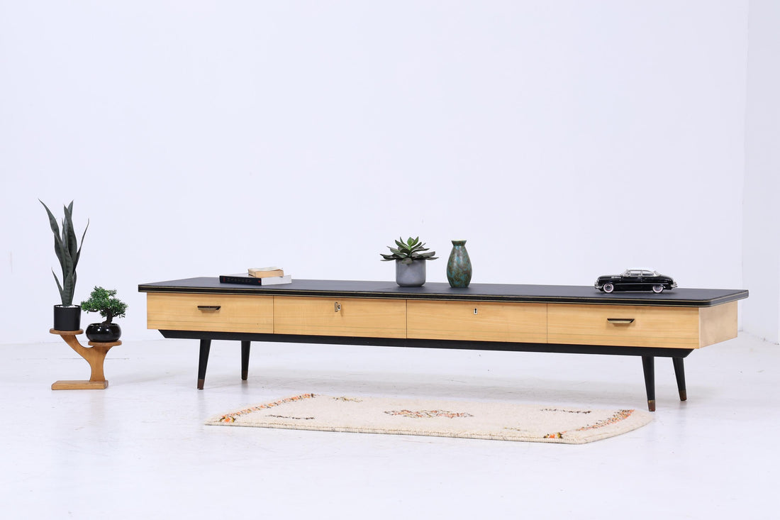 Vintage Lowboard 60s | Mid Century Sideboard with Drawers & Linoleum Surface Retro Wooden Storage