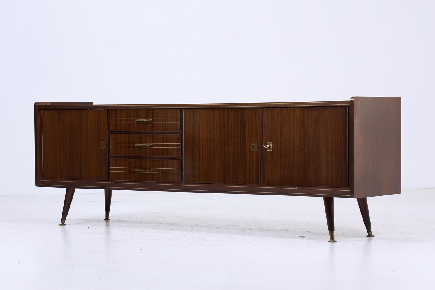 Dunkles Vintage Hochglanz Sideboard 60er Jahre | Mid Century Lowboard Anrichte mit Schubladen, Fächern Retro Holz Aufbewahrung
