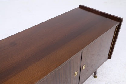 Dunkles Vintage Hochglanz Sideboard 60er Jahre | Mid Century Lowboard Anrichte mit Schubladen, Fächern Retro Holz Aufbewahrung