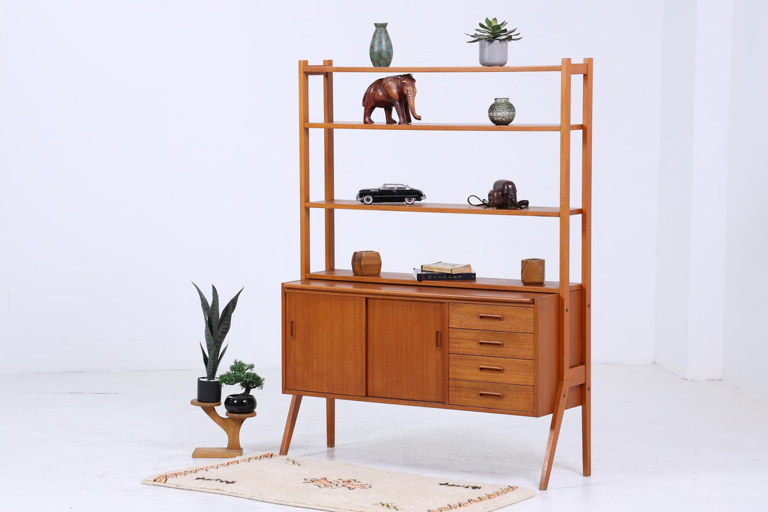 Vintage Teak Regal 60er Jahre | Mid Century Bücherregal Schreibtisch Sekretär mit Schiebetüren Retro Holz Aufbewahrung