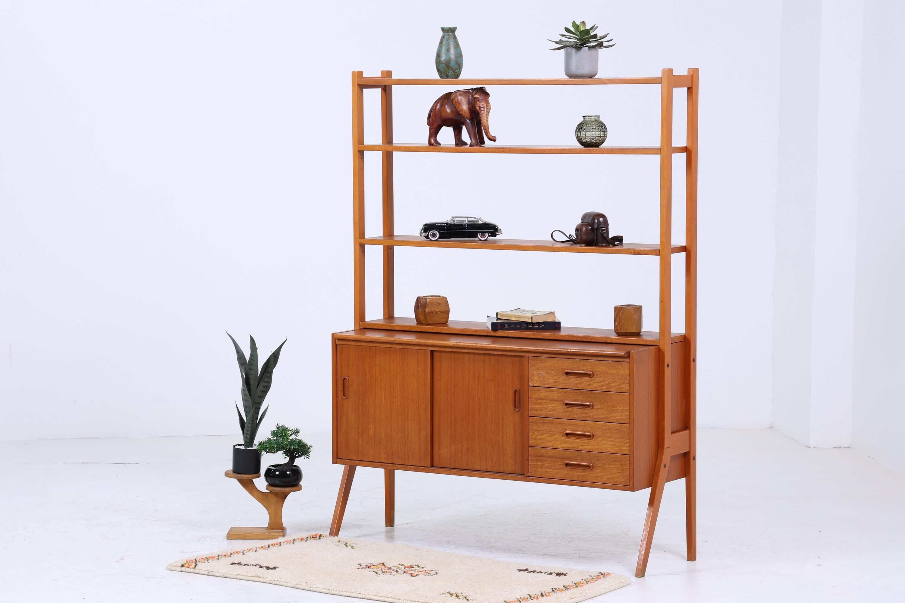 Vintage Teak Regal 60er Jahre | Mid Century Bücherregal Schreibtisch Sekretär mit Schiebetüren Retro Holz Aufbewahrung