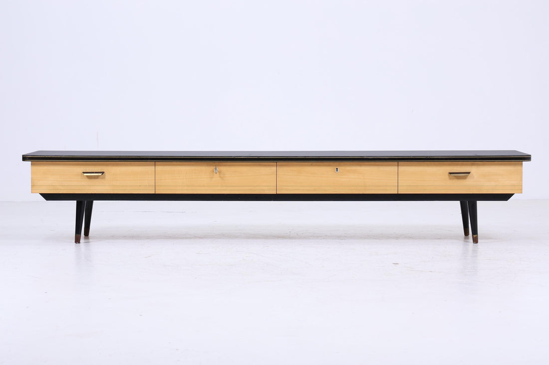 Vintage Lowboard 60er Jahre | Mid Century Sideboard mit Schubladen &amp; Linoleum Oberfläche Retro Holz Aufbewahrung