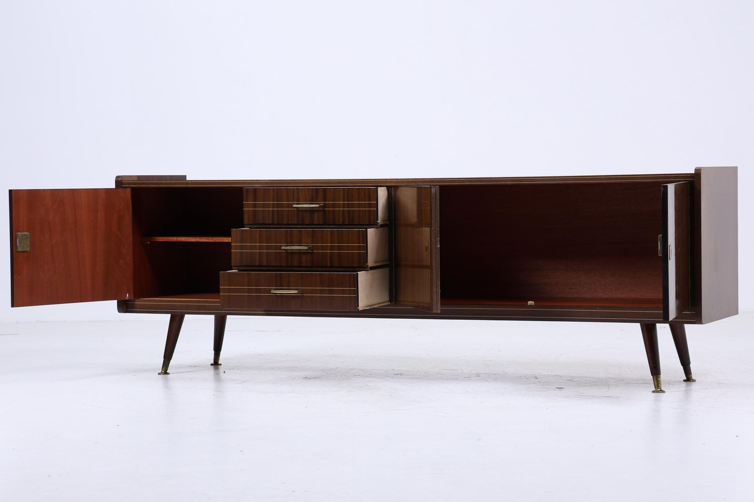 Dunkles Vintage Hochglanz Sideboard 60er Jahre | Mid Century Lowboard Anrichte mit Schubladen, Fächern Retro Holz Aufbewahrung
