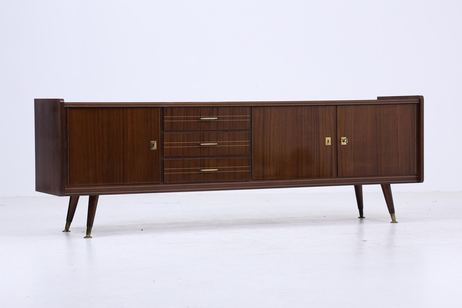 Dunkles Vintage Hochglanz Sideboard 60er Jahre | Mid Century Lowboard Anrichte mit Schubladen, Fächern Retro Holz Aufbewahrung