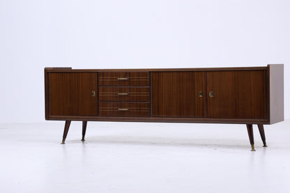 Dunkles Vintage Hochglanz Sideboard 60er Jahre | Mid Century Lowboard Anrichte mit Schubladen, Fächern Retro Holz Aufbewahrung