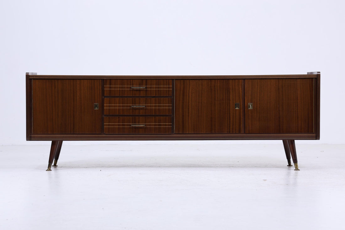 Dunkles Vintage Hochglanz Sideboard 60er Jahre | Mid Century Lowboard Anrichte mit Schubladen, Fächern Retro Holz Aufbewahrung
