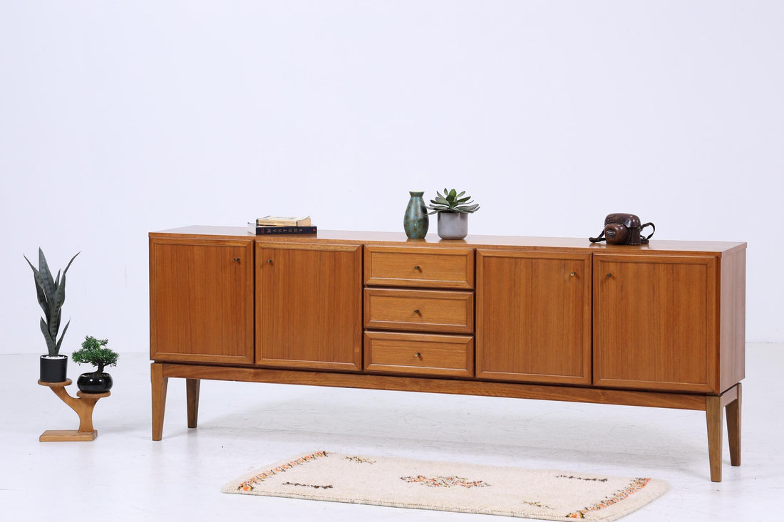 Vintage Teak Sideboard 60er Jahre | Mid Century TV Board mit Schubladen &amp; Fächern Lowboard Retro Holz Aufbewahrung