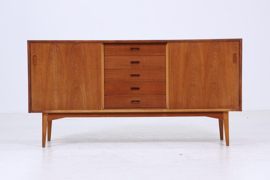 Vintage Teak Sideboard 60er Jahre | Mid Century TV Board mit Schubladen &amp; Fächern Retro Holz Aufbewahrung
