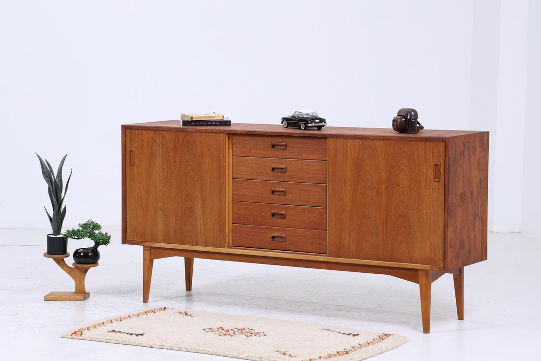 Vintage Teak Sideboard 60er Jahre | Mid Century TV Board mit Schubladen &amp; Fächern Retro Holz Aufbewahrung