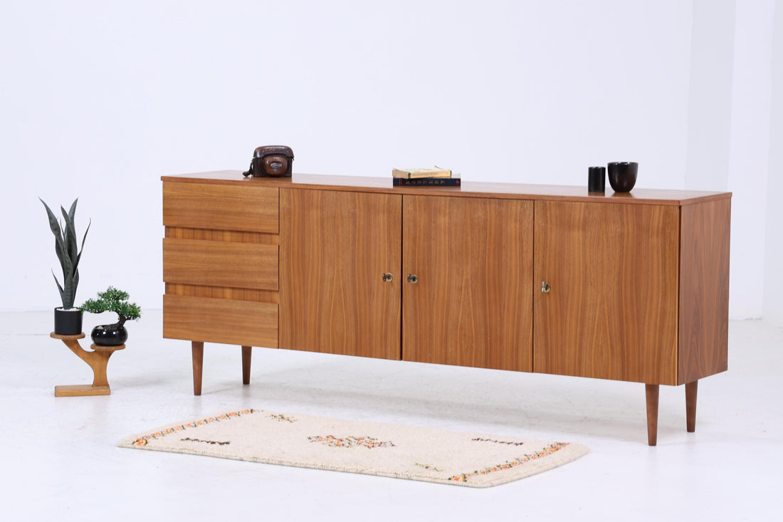 Vintage Nussbaum Sideboard 60er Jahre | Mid Century TV Board mit Schubladen &amp; Fächern Kommode Retro Holz Aufbewahrung