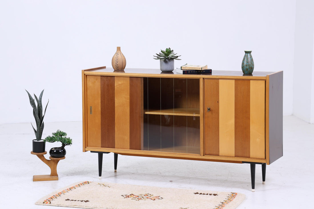 Vintage Sideboard 60er Jahre | Mid Century Glas Vitrine Highboard Wohnzimmerschrank Schrank Retro 70er Holz Aufbewahrung