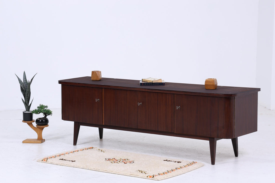 Dunkles Vintage Lowboard 60er Jahre | Mid Century Sideboard mit Fächern &amp; Schubladen Retro Holz Aufbewahrung