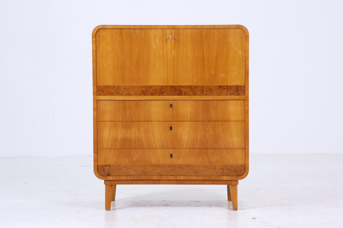 Vintage Sekretär aus Ulmenholz | Mid Century Schreibtisch Schubladen Schrank Arbeitstisch Retro Holz Aufbewahrung 20er 30er Jahre