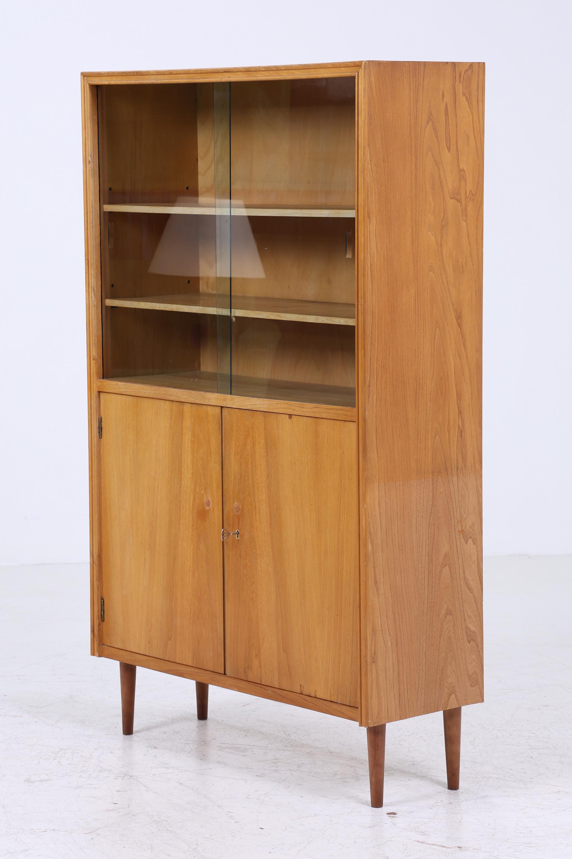 Vintage Vitrine 60er Jahre | Mid Century Glas Schrank Retro Regal Holz Aufbewahrung