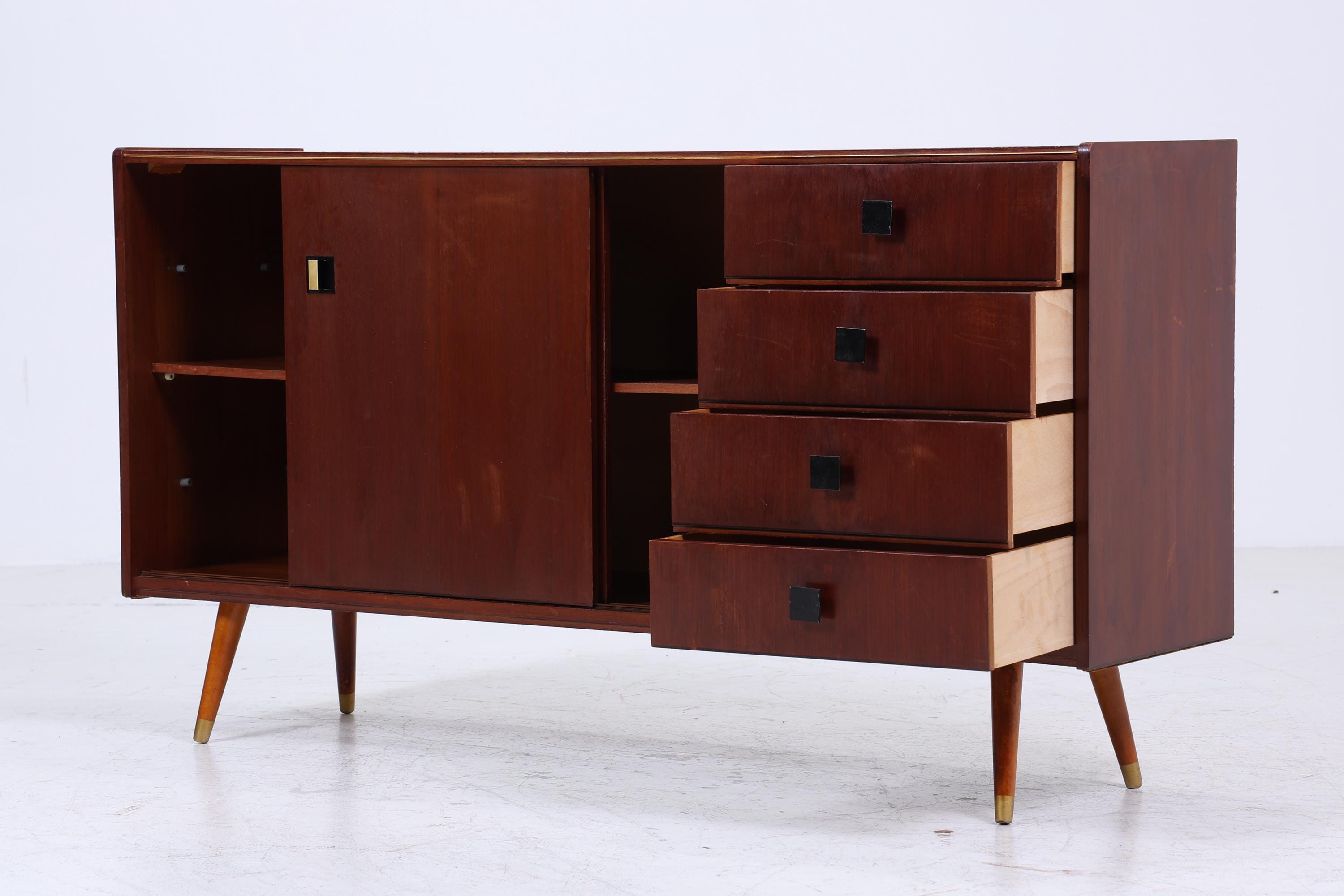 Dunkles Vintage Sideboard 60er Jahre | Mid Century TV Board mit Schubladen &amp; Fächern Kommode Retro Holz Aufbewahrung