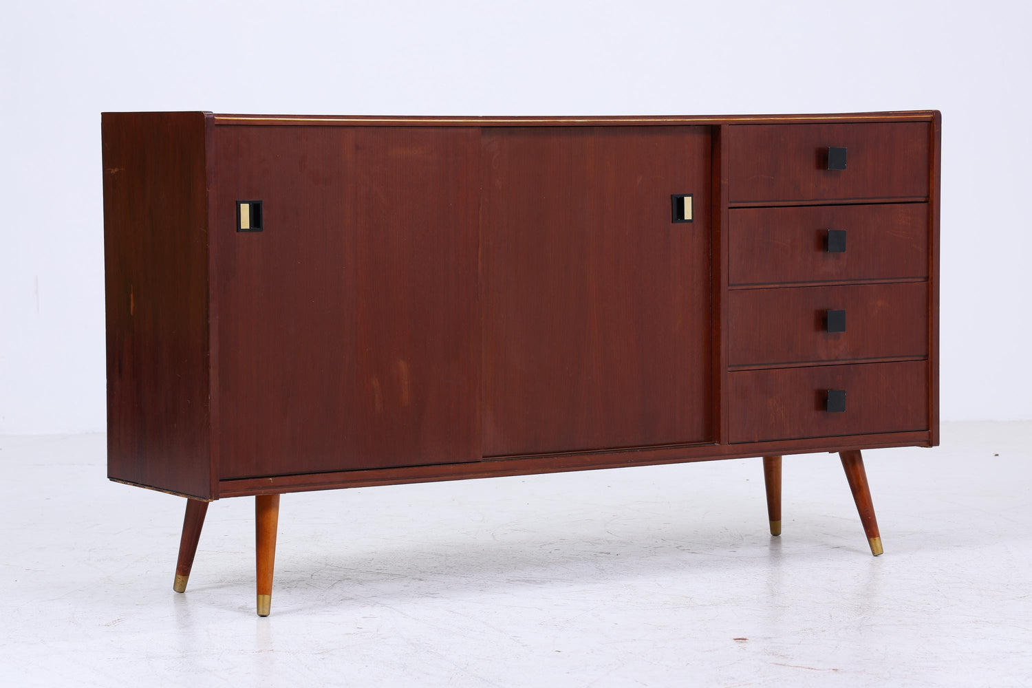 Dunkles Vintage Sideboard 60er Jahre | Mid Century TV Board mit Schubladen &amp; Fächern Kommode Retro Holz Aufbewahrung