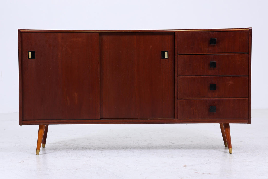 Dunkles Vintage Sideboard 60er Jahre | Mid Century TV Board mit Schubladen &amp; Fächern Kommode Retro Holz Aufbewahrung