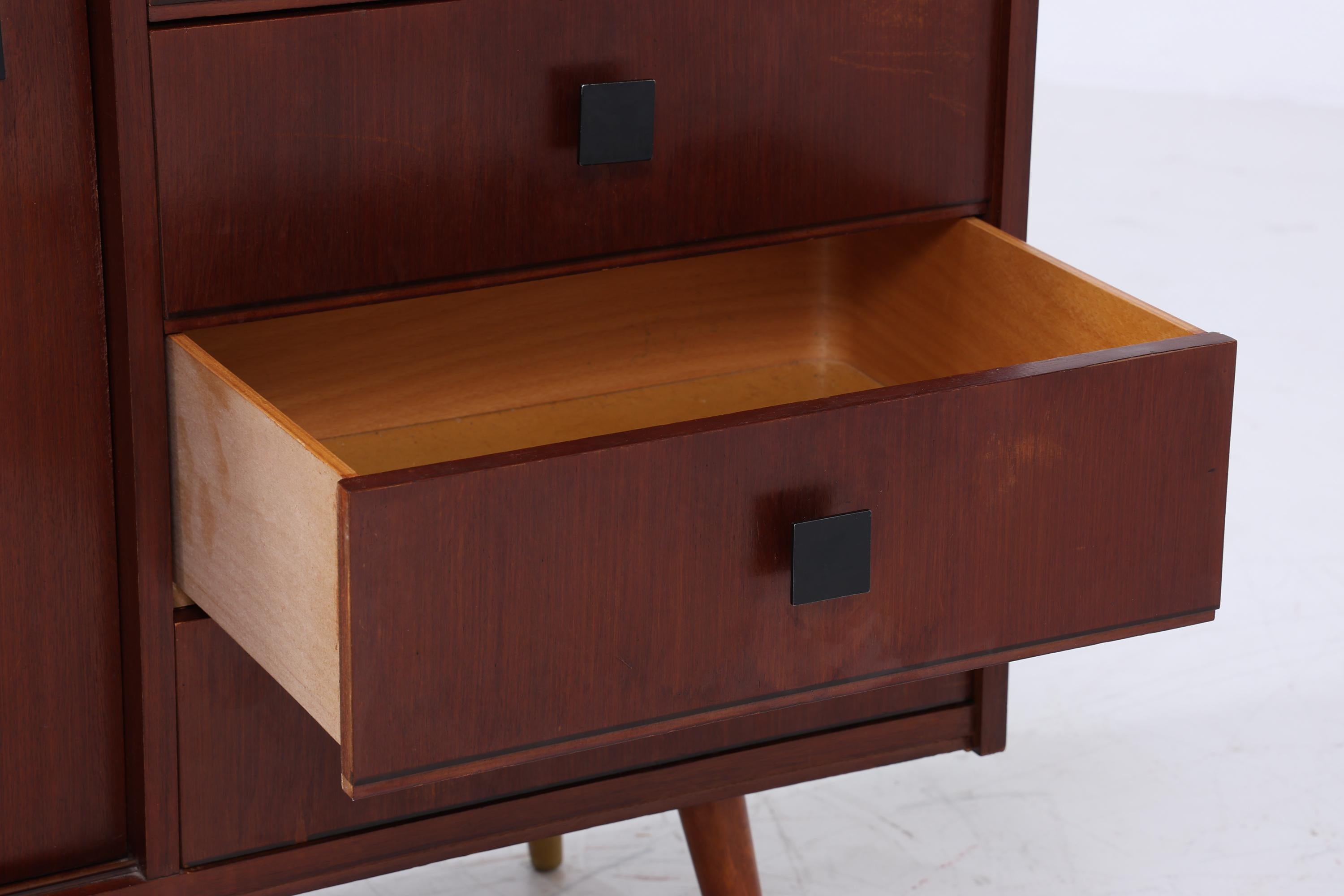 Dunkles Vintage Sideboard 60er Jahre | Mid Century TV Board mit Schubladen &amp; Fächern Kommode Retro Holz Aufbewahrung