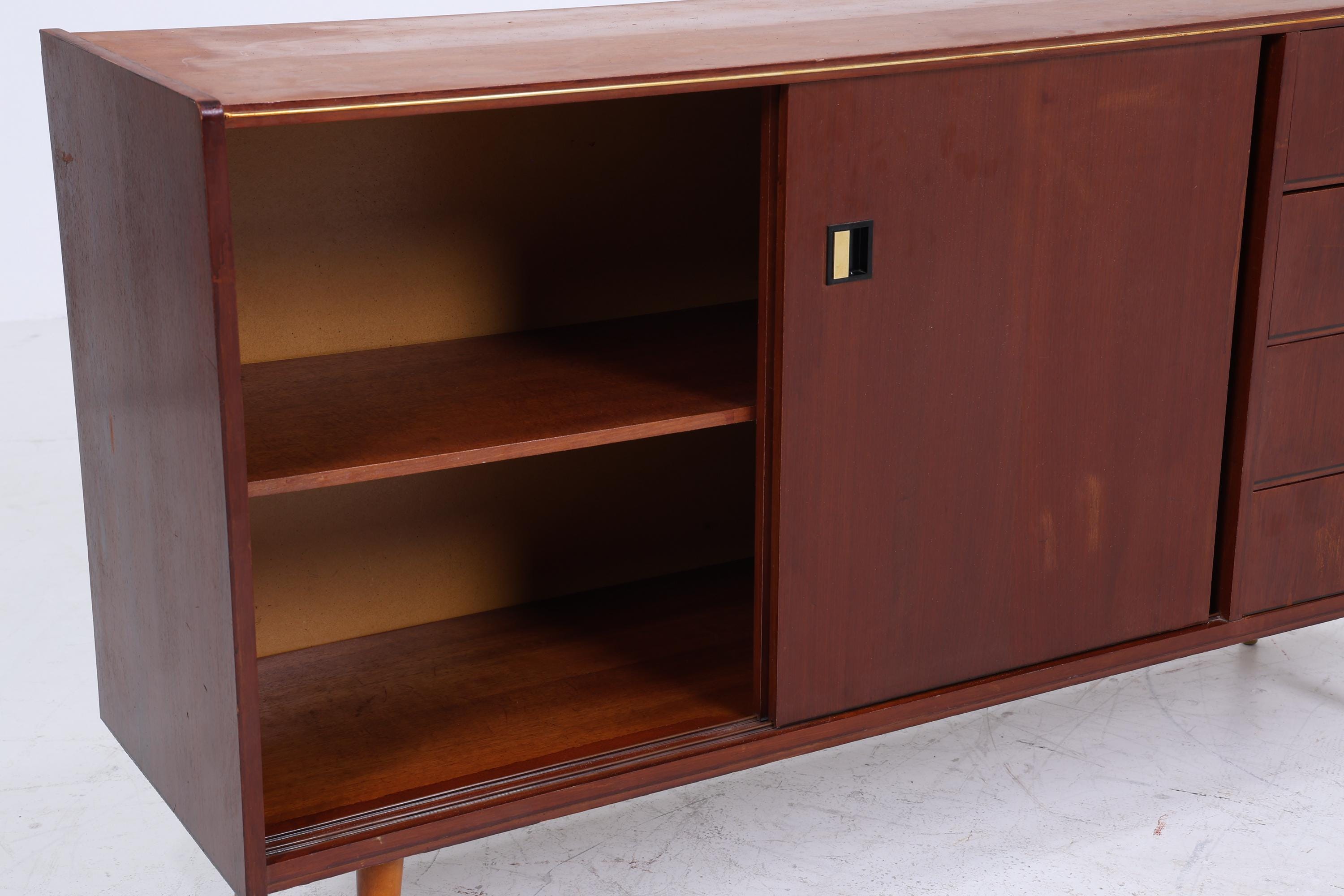 Dunkles Vintage Sideboard 60er Jahre | Mid Century TV Board mit Schubladen &amp; Fächern Kommode Retro Holz Aufbewahrung