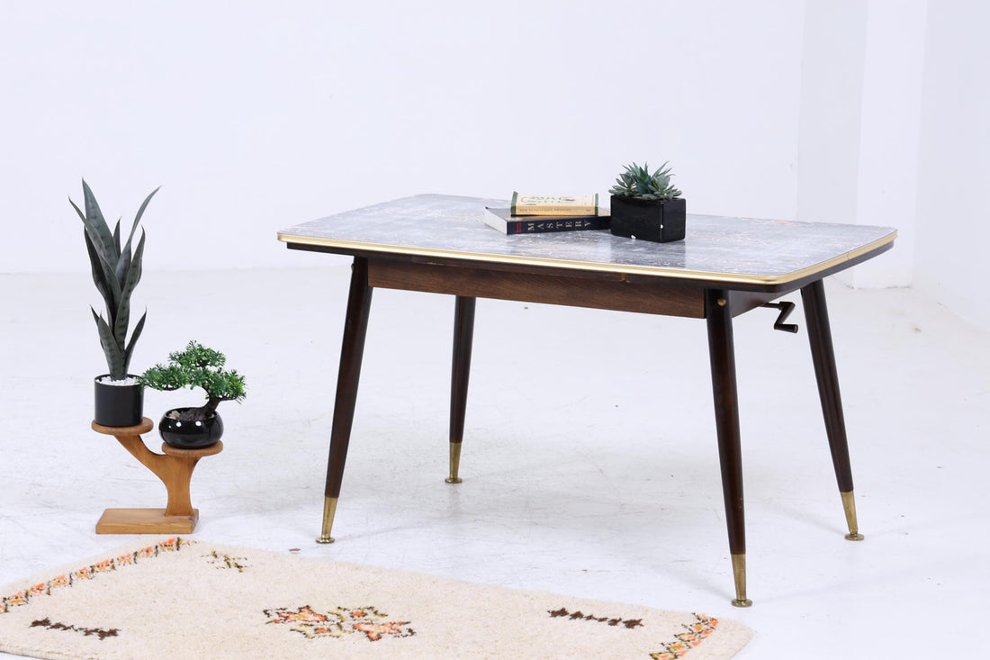 Vintage Kurbeltisch 60er Jahre | Mid Century ausziehbarer Esstisch Resopal im Marmor Stil Couchtisch Tisch Retro 70er