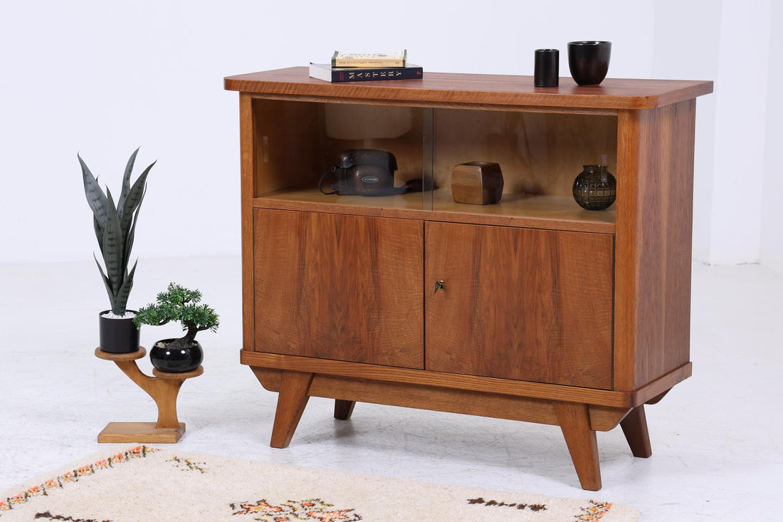 Vintage Kommode mit Glastüren 60er Jahre | Mid Century Vitrine Flur Schrank | Retro 70er Holz