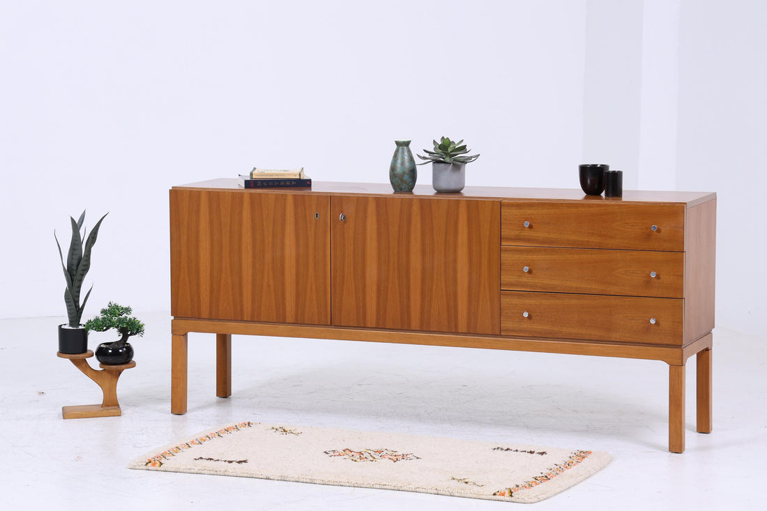 Vintage Nussbaum Palette Sideboard 60er Jahre | Mid Century TV Board mit Fächern &amp; Schubladen Retro Holz Aufbewahrung