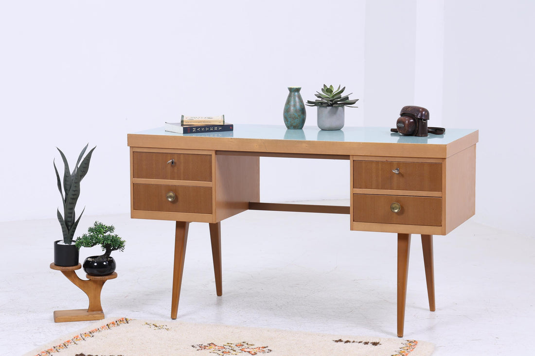Wunderschöner Vintage Schreibtisch mit Resopal Oberfläche | Mid Century 60er Jahre Schubladen Arbeitstisch Bürotisch Tisch Retro Holz