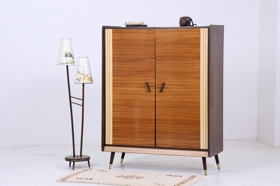 Zeitloser Vintage Hochglanz Wäscheschrank 60er Jahre | Mid Century Schrank Holz Retro Fächerschrank Aufbewahrung