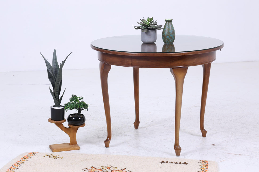 Antik Küchentisch mit Glasplatte | Chippendale Esstisch Tisch Retro  Holz Ausziehbar