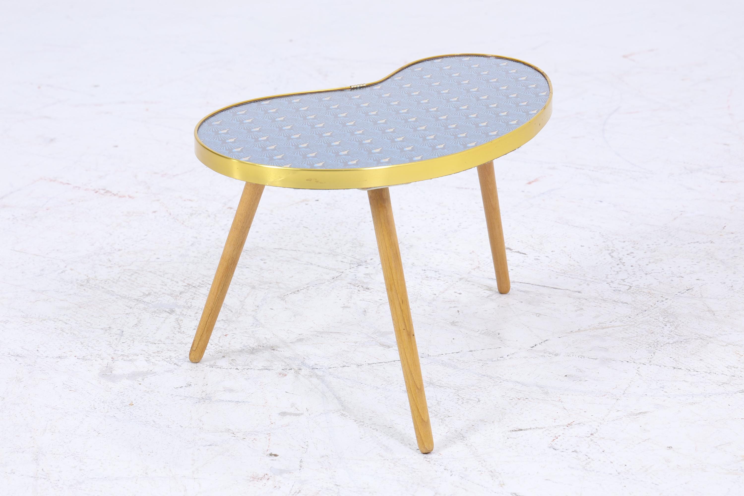 Vintage Nierentisch mit Pfauen Muster | Mid Century Blumentisch | Beistelltische Blau 60er Jahre