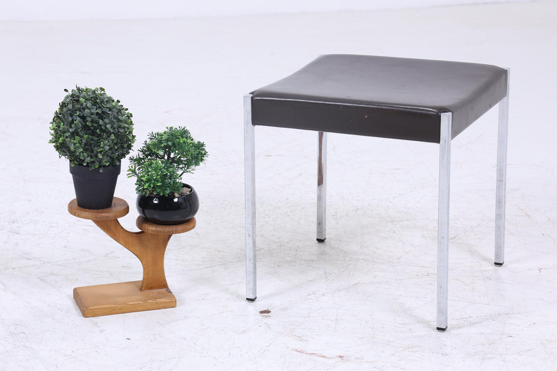Vintage Leder Hocker | Mid Century Sitzhocker Chrom | Retro Stuhl 60er 70er