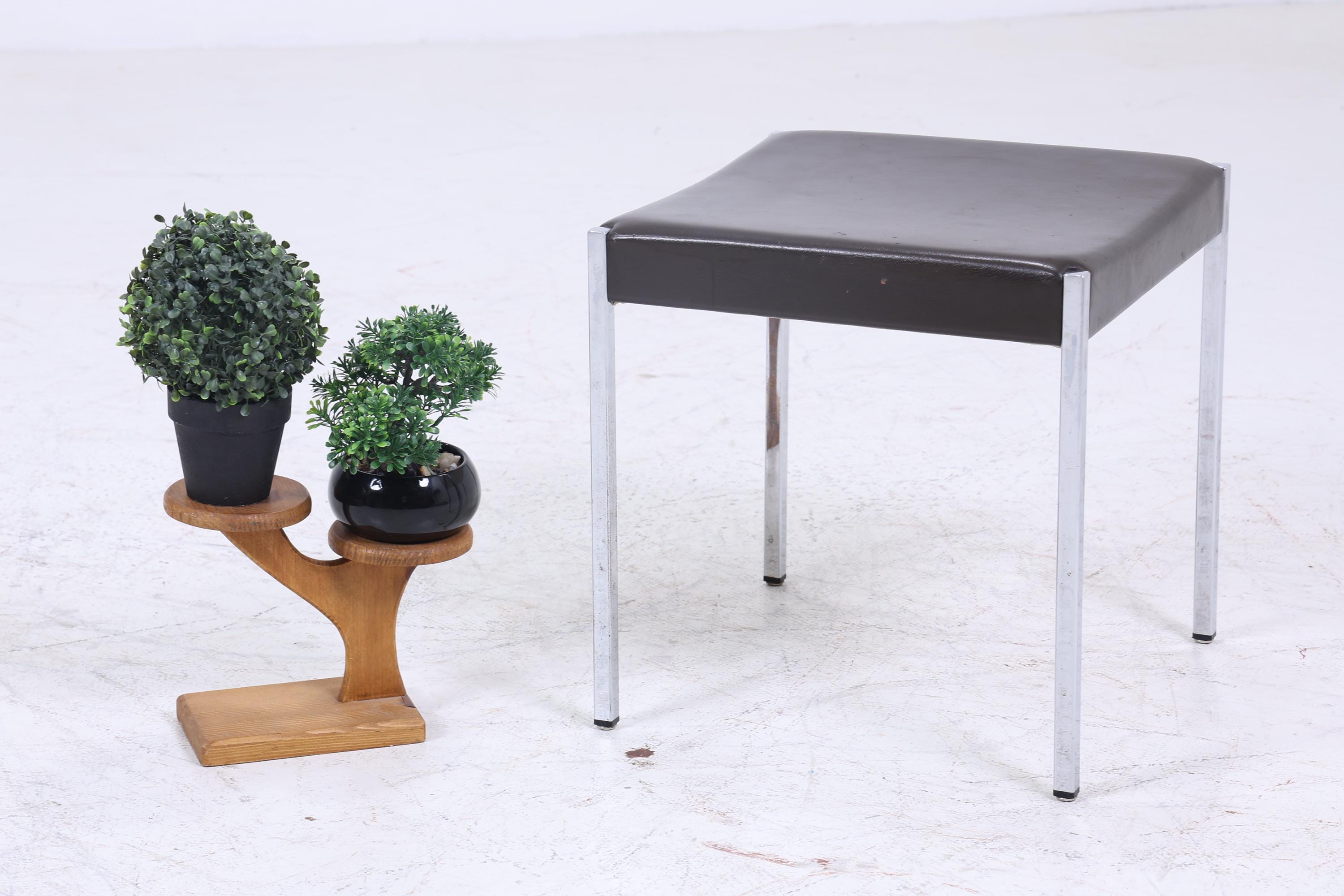 Vintage Leder Hocker | Mid Century Sitzhocker Chrom | Retro Stuhl 60er 70er