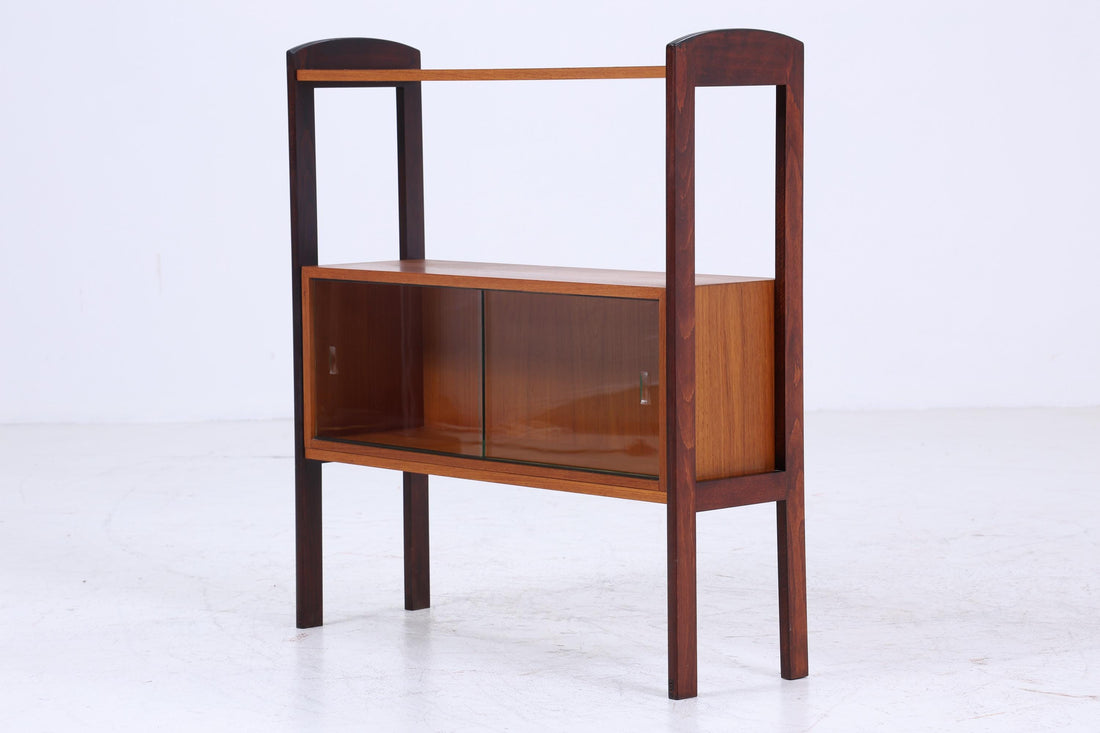 Vintage Teak Glas Kommode 60er Jahre |  Retro Glas Bar -  Mid Century Konsolentisch Vitrine Holz Design
