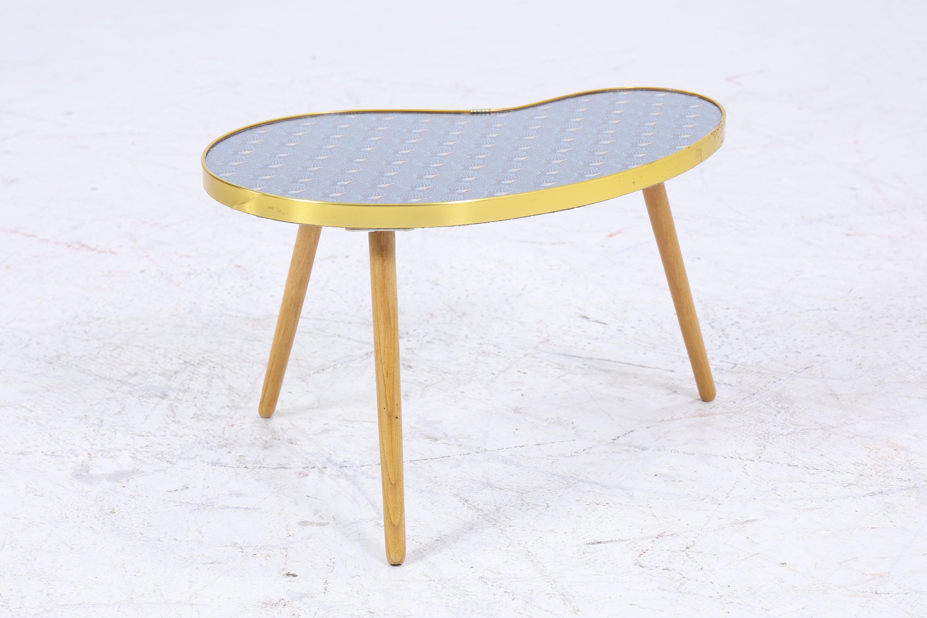 Vintage Nierentisch mit Pfauen Muster | Mid Century Blumentisch | Beistelltische Blau 60er Jahre