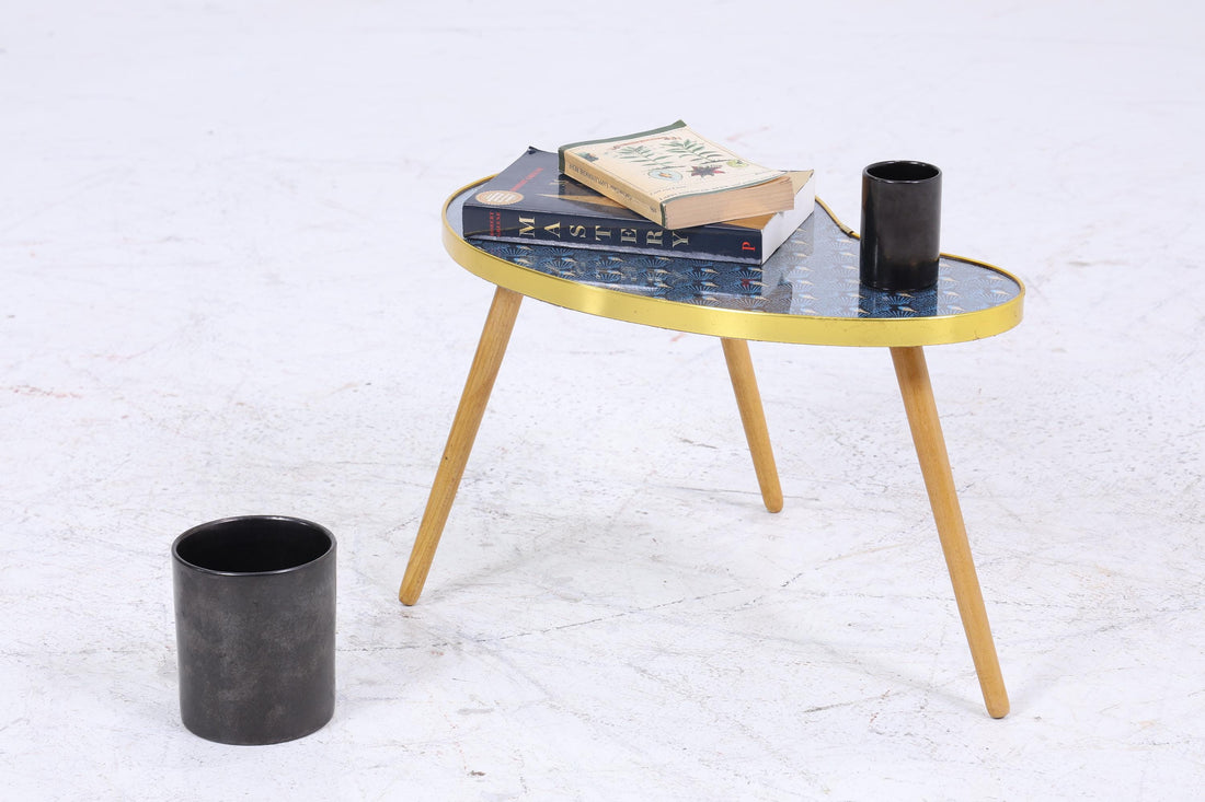 Vintage Nierentisch mit Pfauen Muster | Mid Century Blumentisch | Beistelltische Blau 60er Jahre